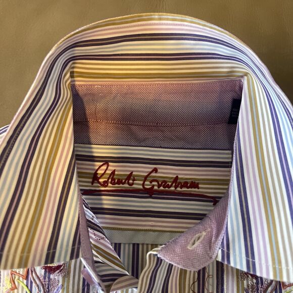 Robert Graham Long Sleeve Button Down Cotton Embroidered Striped Shirt Sz Lg - Picture 5 of 13